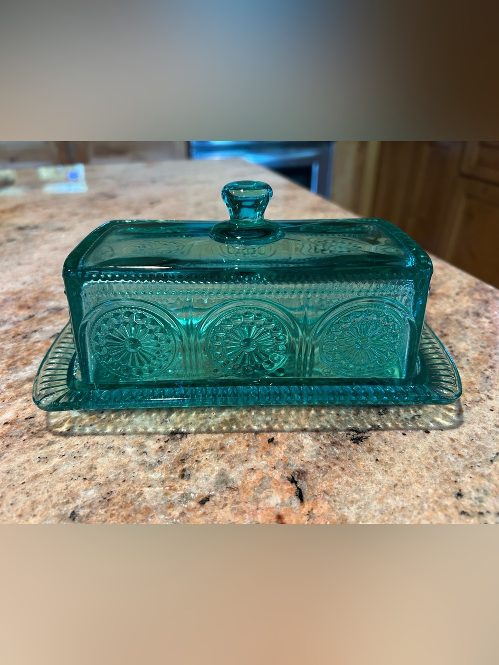 Pioneer Woman “Adeline” 2 piece Teal Pressed Glass Butter Dish w/Lid 4.50”x7”L